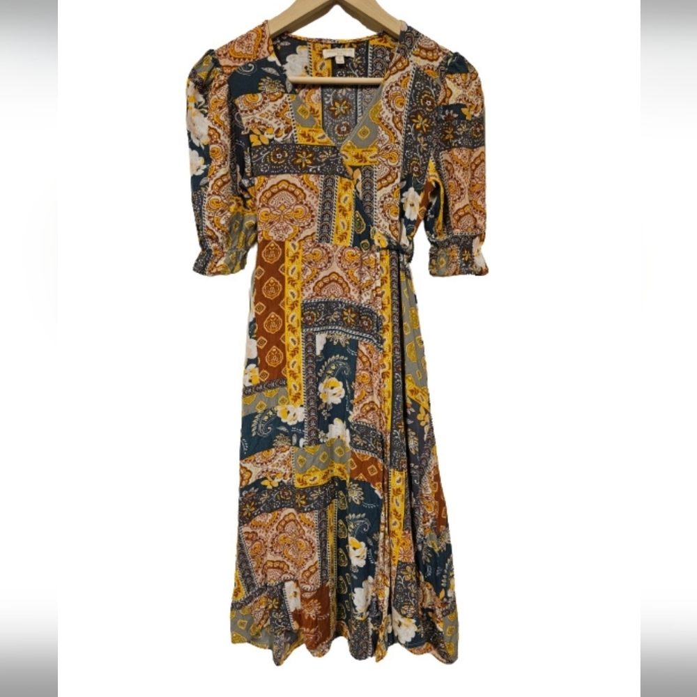 Chelsea & Violet girls junior yellow Mustard boho floral wrap tie dress size S